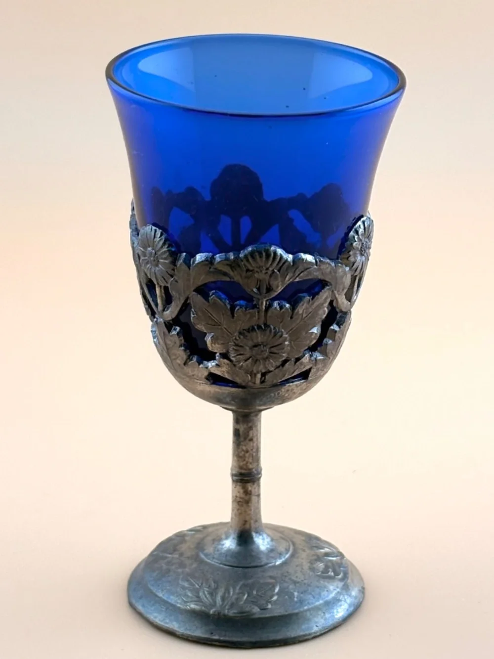 Vintage Cobalt Blue Glass Decanter & 6 Cordial Glasses Set Silver Plate Filagree